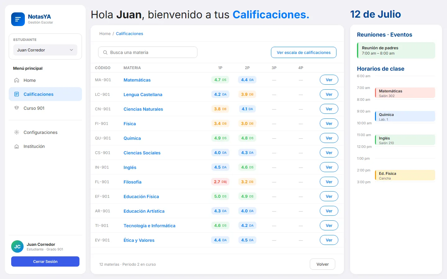 Calificaciones del estudiante en NotasYa por materia y periodo con su desempeño